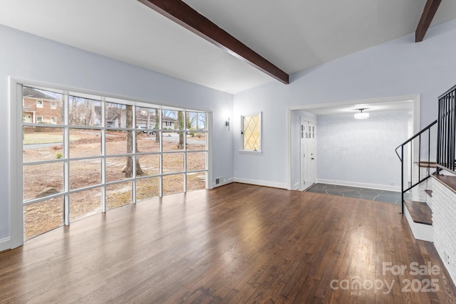 unfurnished living room featuring visible vents, beam ceiling, wood finished floors, baseboards, and stairs