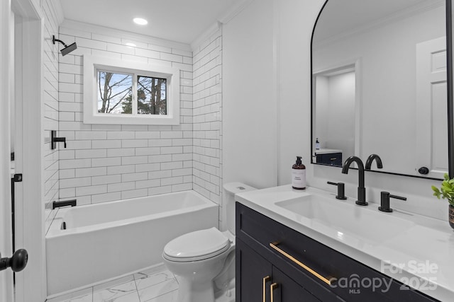 full bath featuring toilet, marble finish floor, crown molding, bathing tub / shower combination, and vanity