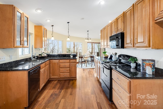 830 Fortescue Rd, Zirconia, NC 28790 - kitchen with a sink, black appliances, glass insert cabinets, a peninsula, and dark wood-style flooring