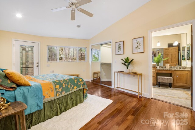 830 Fortescue Rd, Zirconia, NC 28790 - bedroom with hardwood / wood-style flooring, baseboards, recessed lighting, and vaulted ceiling