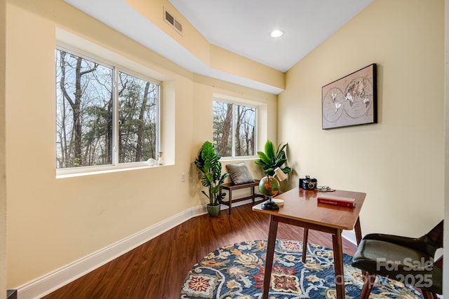 830 Fortescue Rd, Zirconia, NC 28790 - office area with baseboards, wood finished floors, visible vents, and recessed lighting