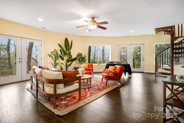 830 Fortescue Rd, Zirconia, NC 28790 - living area with a ceiling fan, french doors, stairway, and a healthy amount of sunlight