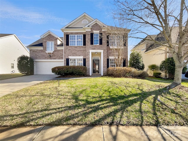 view of front of home with a garage, brick siding, concrete driveway, and a front yard