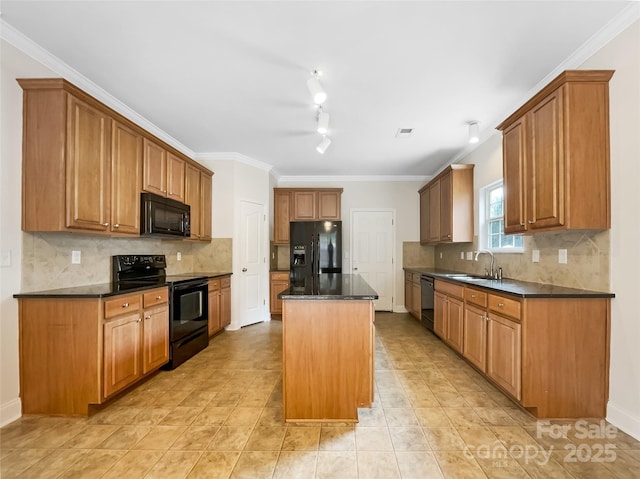 kitchen with a kitchen island, a sink, ornamental molding, black appliances, and decorative backsplash