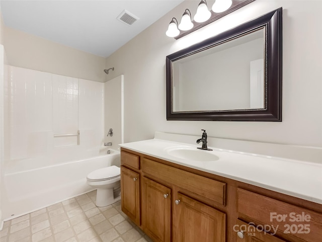 bathroom with vanity, washtub / shower combination, visible vents, tile patterned floors, and toilet