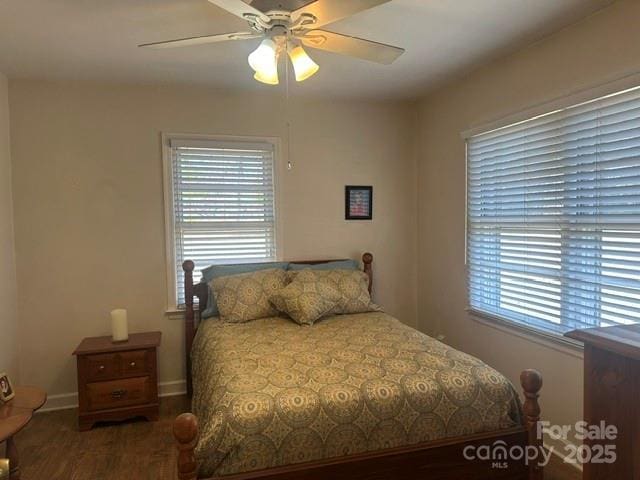 bedroom with wood finished floors, multiple windows, a ceiling fan, and baseboards