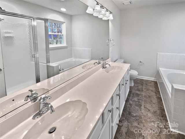 bathroom featuring double vanity, a stall shower, toilet, and a sink