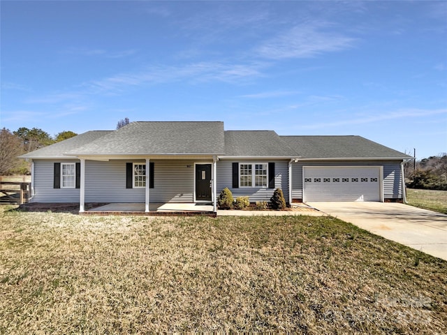 ranch-style house with a front lawn, driveway, a porch, an attached garage, and a shingled roof