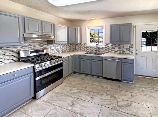 kitchen featuring gray cabinetry, under cabinet range hood, a sink, stainless steel appliances, and light countertops