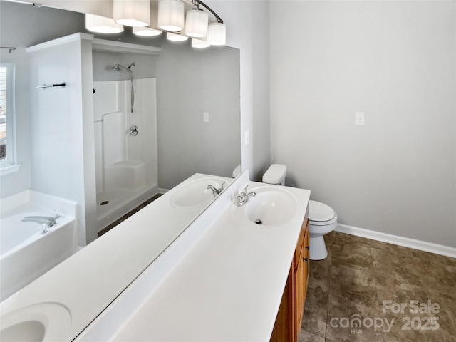 bathroom featuring a walk in shower, baseboards, toilet, a bath, and vanity