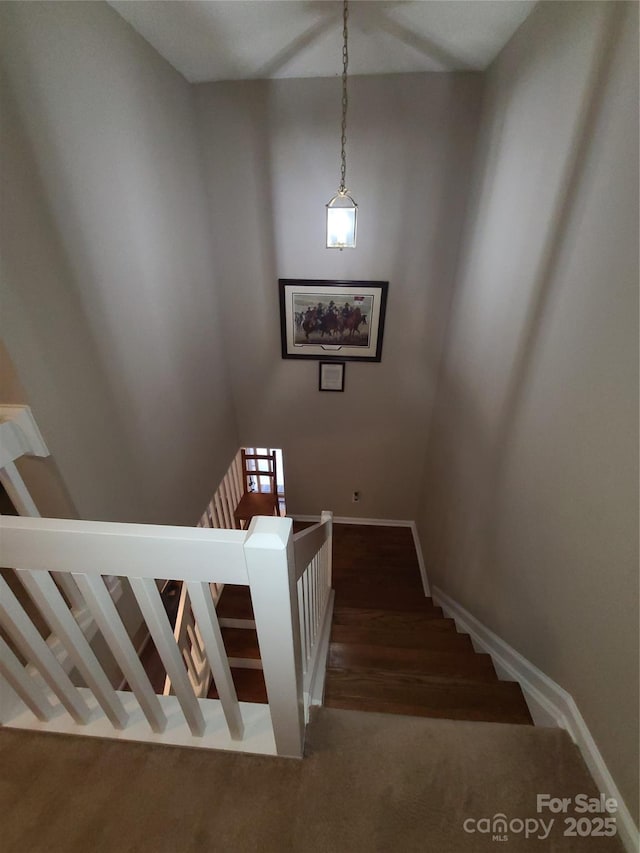 stairs featuring baseboards and carpet floors