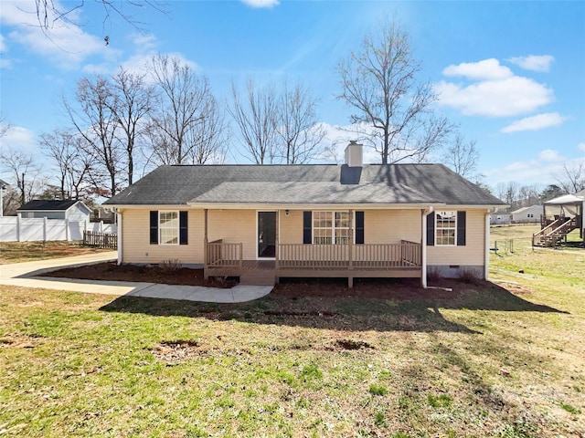 rear view of house with a deck, fence, a yard, crawl space, and a chimney