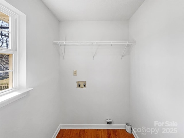 clothes washing area with baseboards, wood finished floors, hookup for a washing machine, and laundry area