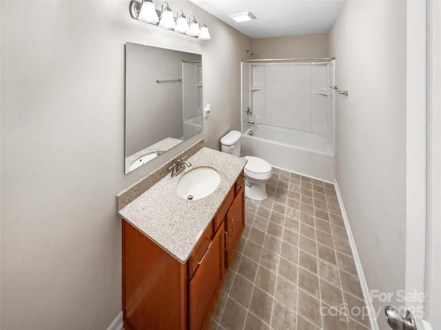 bathroom featuring tile patterned flooring, baseboards, toilet, shower / tub combination, and vanity