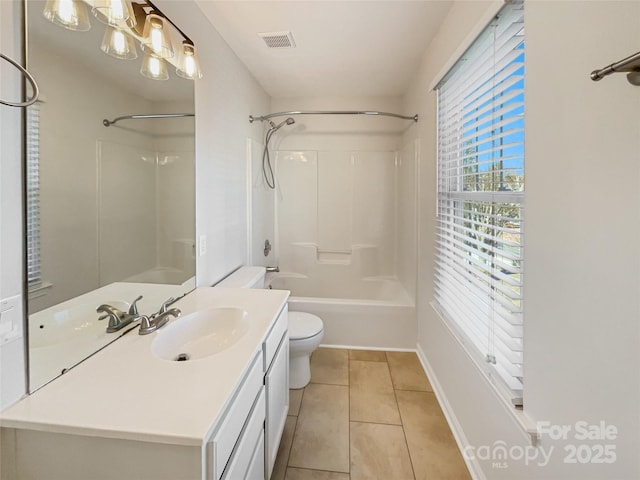 full bath with vanity, visible vents, shower / bathing tub combination, tile patterned floors, and toilet