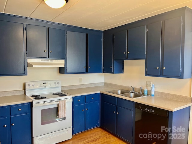 kitchen with under cabinet range hood, a sink, white electric stove, light countertops, and dishwasher