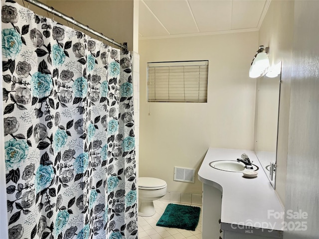 full bath featuring visible vents, toilet, crown molding, tile patterned flooring, and vanity