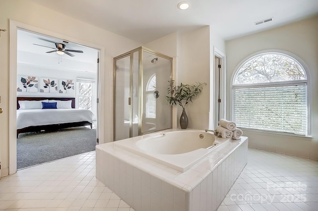 ensuite bathroom featuring visible vents, tile patterned flooring, a shower stall, ensuite bathroom, and a bath