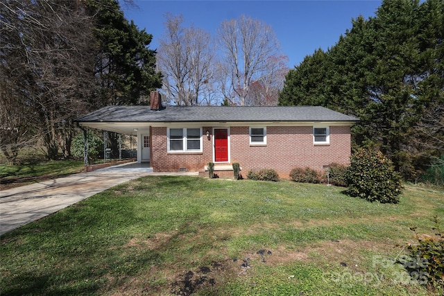 ranch-style house featuring driveway, a front yard, crawl space, a carport, and a chimney