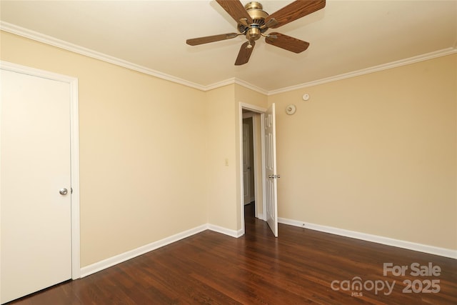 unfurnished bedroom with ceiling fan, crown molding, dark wood-type flooring, and baseboards