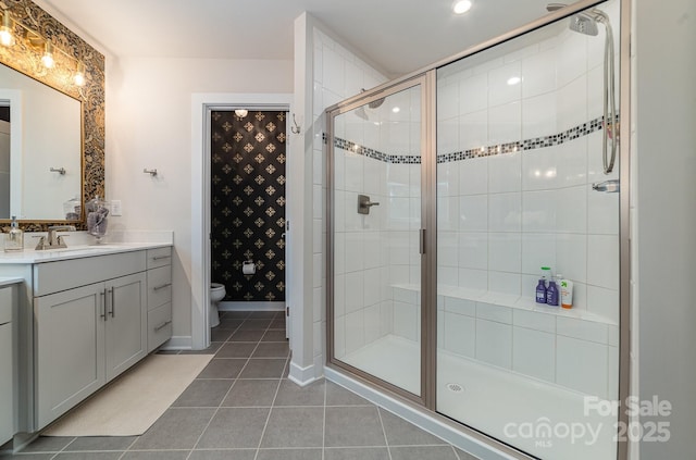 full bath with vanity, a shower stall, toilet, and tile patterned floors