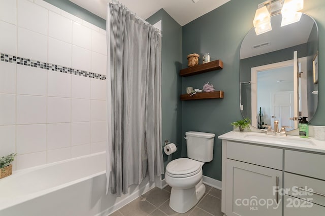 bathroom featuring visible vents, toilet, shower / bath combo, tile patterned floors, and vanity