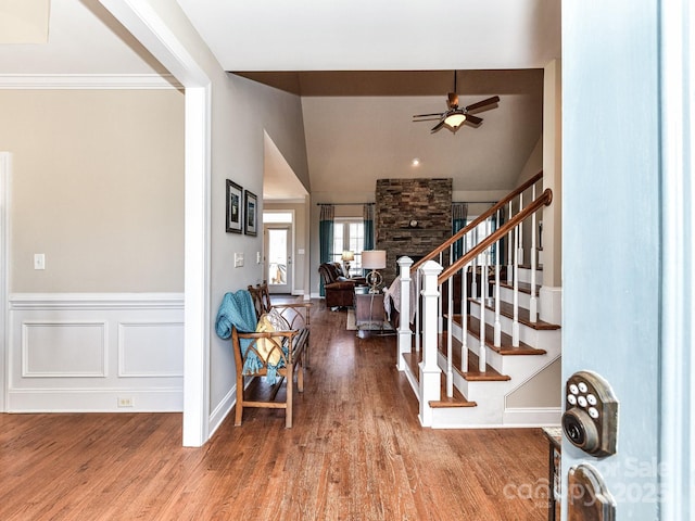 816 Springs Rd, Dallas, NC 28034 - entrance foyer featuring ceiling fan, wood finished floors, stairs, and lofted ceiling