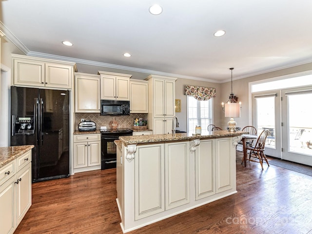 816 Springs Rd, Dallas, NC 28034 - kitchen featuring black appliances, cream cabinets, light stone countertops, dark wood-style floors, and crown molding