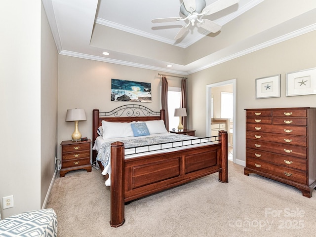 816 Springs Rd, Dallas, NC 28034 - bedroom featuring light carpet, a tray ceiling, ornamental molding, baseboards, and a ceiling fan