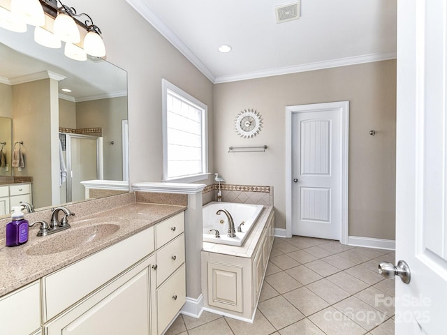 816 Springs Rd, Dallas, NC 28034 - bathroom featuring crown molding, vanity, tile patterned floors, a tub with jets, and baseboards