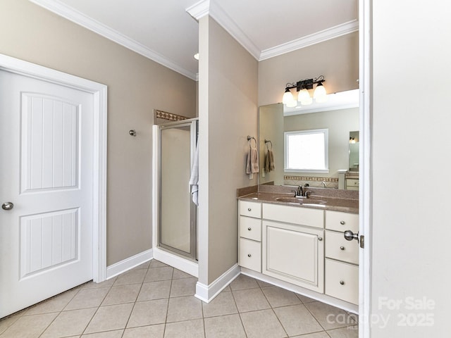 816 Springs Rd, Dallas, NC 28034 - bathroom featuring crown molding, a shower stall, tile patterned floors, baseboards, and vanity