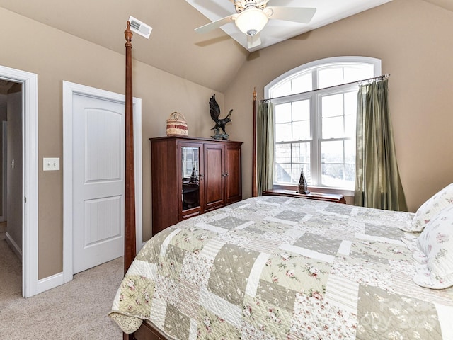 816 Springs Rd, Dallas, NC 28034 - bedroom with vaulted ceiling, light colored carpet, ceiling fan, and baseboards
