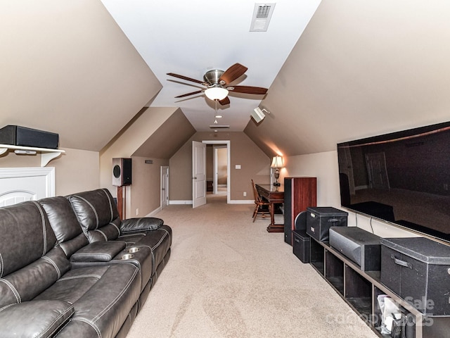 816 Springs Rd, Dallas, NC 28034 - living room featuring carpet floors, ceiling fan, vaulted ceiling, and baseboards