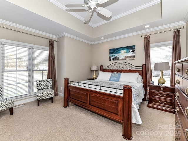 816 Springs Rd, Dallas, NC 28034 - bedroom with light carpet, a tray ceiling, multiple windows, crown molding, and recessed lighting