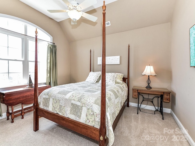 816 Springs Rd, Dallas, NC 28034 - bedroom featuring light colored carpet, vaulted ceiling, and ceiling fan