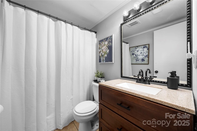 bathroom with visible vents, crown molding, toilet, tile patterned floors, and vanity