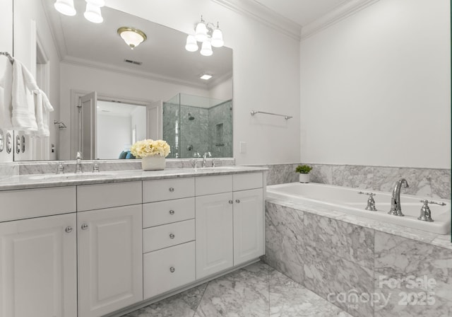 full bathroom featuring a bath, visible vents, a stall shower, and crown molding