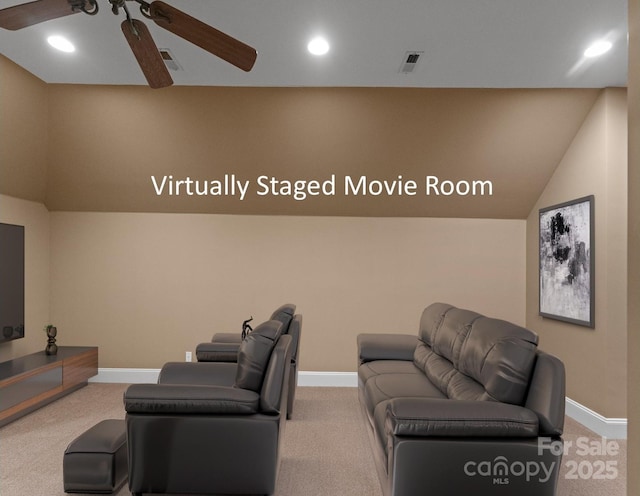 carpeted cinema room featuring ceiling fan, recessed lighting, visible vents, and baseboards