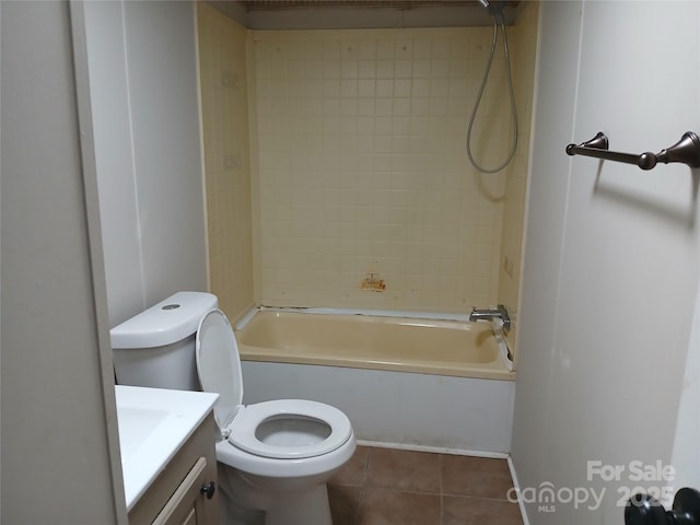 full bath with tile patterned flooring, shower / bathing tub combination, toilet, and vanity