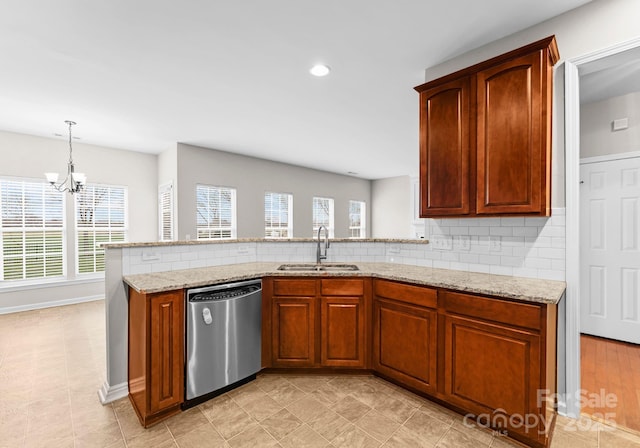 kitchen featuring a sink, tasteful backsplash, dishwasher, and a peninsula