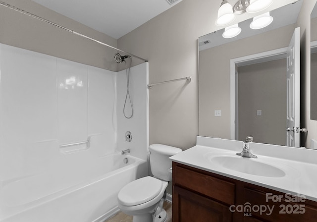 full bathroom featuring visible vents, toilet, vanity, and shower / bath combination