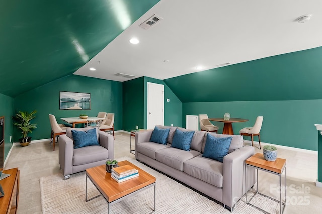 living area featuring recessed lighting, visible vents, baseboards, and carpet floors