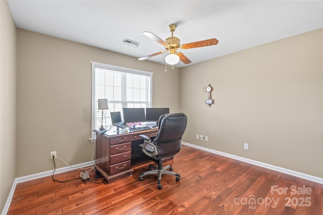 office area featuring visible vents, baseboards, a ceiling fan, and hardwood / wood-style flooring