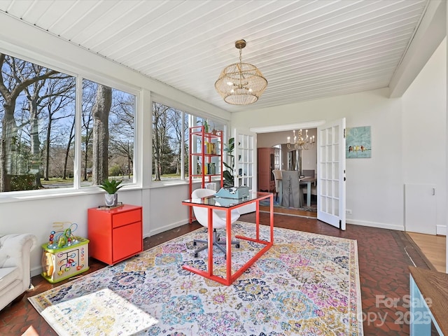 office with a chandelier, french doors, and baseboards