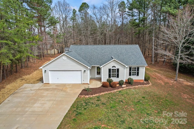 ranch-style house featuring a front lawn, an attached garage, driveway, and a shingled roof