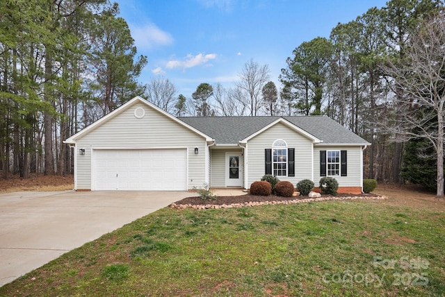 single story home featuring a garage, a front lawn, roof with shingles, and driveway