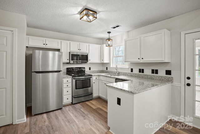 kitchen with white cabinetry, a peninsula, stainless steel appliances, and a sink