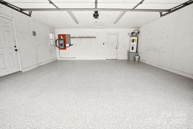 garage with electric panel, a garage door opener, and electric water heater