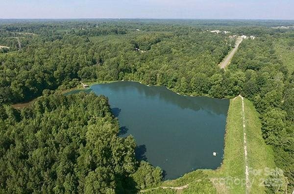 aerial view featuring a forest view and a water view