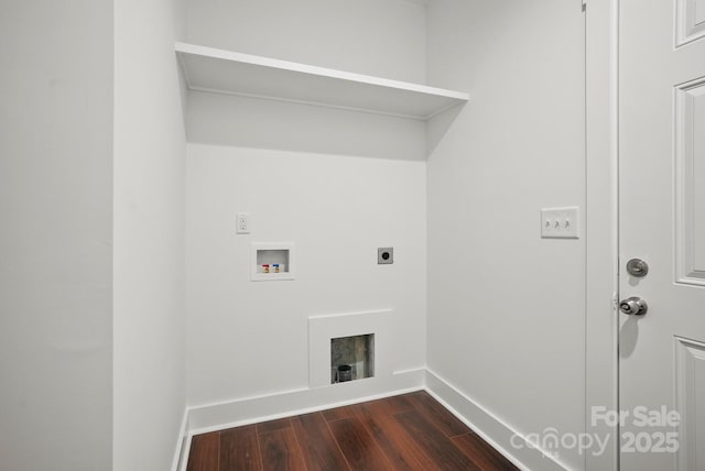 laundry area featuring dark wood-type flooring, baseboards, hookup for an electric dryer, hookup for a washing machine, and laundry area